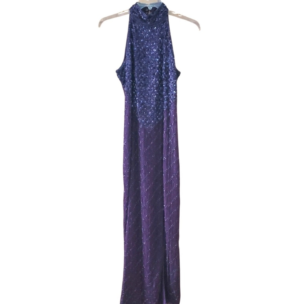 Scala Deep Purple Beaded Sequin Formal Halter‎ Long Prom Dress Size Medium